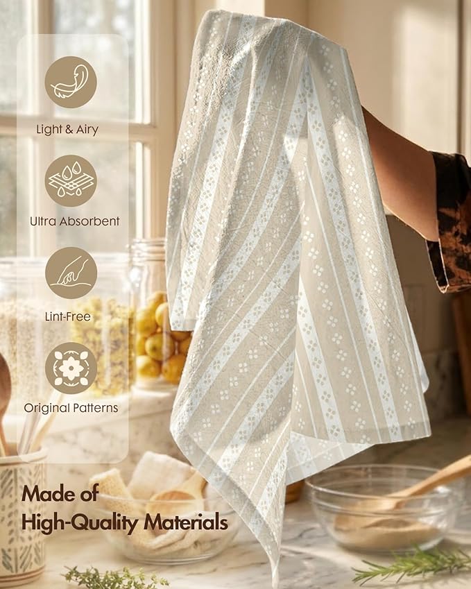 Miss Adola 2 Pack Flour Sack Kitchen Towels - 16x26 Inch Cotton Dish Towels with Hanging Loop Reusable Geometric Boho Modern Tea Towel Absorbent Dishcloths Home Decor, Beige Bohemia