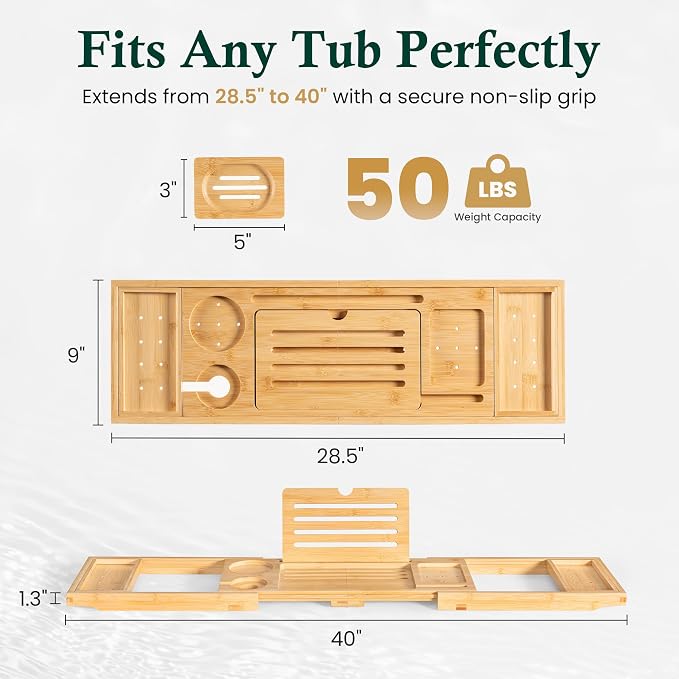 Bamboo Bathtub Tray, Bath Caddy with Wine Glass Holder, Phone Dock & Book Stand | Hands-Free Reading & Ultimate Spa Relaxation Experience-Natural