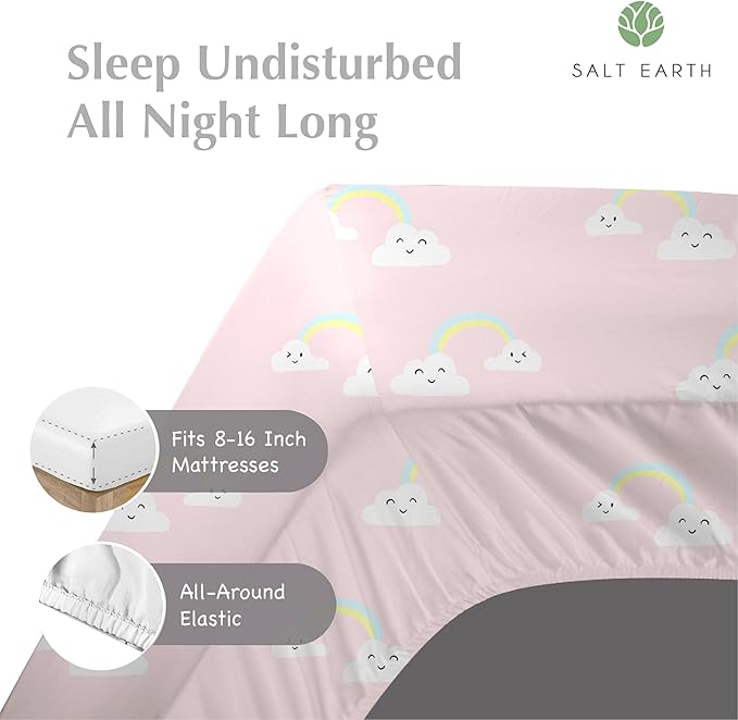 Salt Earth 100% Cotton 210TC Kids Bedsheet, Twin Fitted Sheet, Toddler Bed, 2 Piece Bedding Set- 1 Fitted Sheet and 1 Pillowcase, Themed Toddler Bed Sheets, Cute Sheets for Kids Bed (Rainbow)