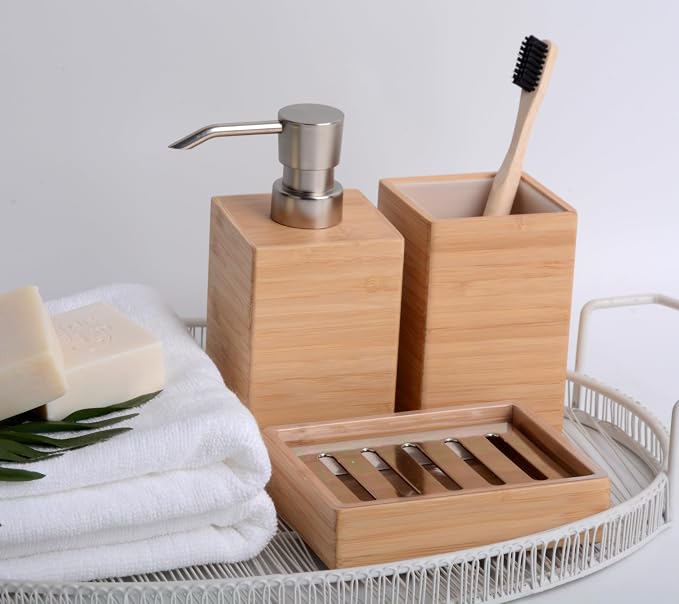 Clasin Home Bamboo Bathroom Accessories Set, 3 Pcs Wood Bathroom Accessories Soap Dispenser, Toothbrush Holder, Soap Dish, Kitchen Soap Dispenser Set for Home Decor, Housewarming Gift