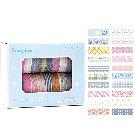 Songdao 20 Rolls Basic Washi Tape Set Japanese Arts Adhesive Tapes Simple Patterns Decorative Masking Tape Sets for Craft, Kids, Scrapbook, DIY, Gift Wrapping (Style Three)