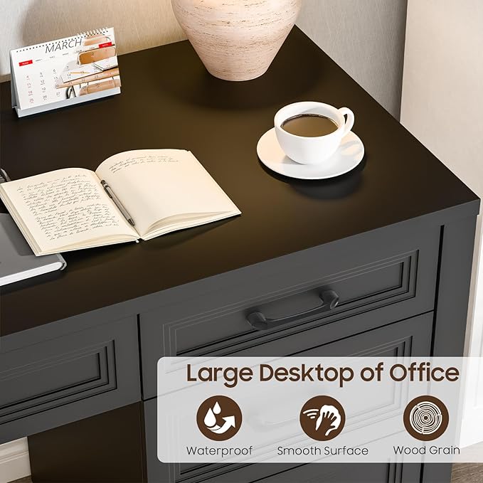 Vabches Farmhouse Executive Desk with Storage and Ample File Drawer, Rustic Large Home Writing Desk for Bedroom, Pure Black
