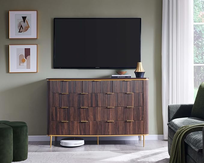 T4TREAM Fluted 9 Drawers Dresser, Modern Wooden Top Chest of Drawers with Curved Profile Design, Dresser TV Stand Drawer Organizers for Bedroom, Living Room, Hallway(Dark Walnut)
