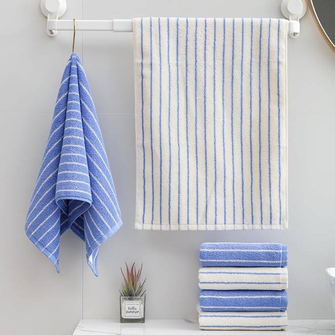 Blue Striped Hand Towels, Bathroom Hand Towel Set of 6, 13" By 29" - 100% Cotton | Quick Dry | Absorbent | Light Weight, Soft Face Towel for Showering & Guest, Luxury Towel Gift
