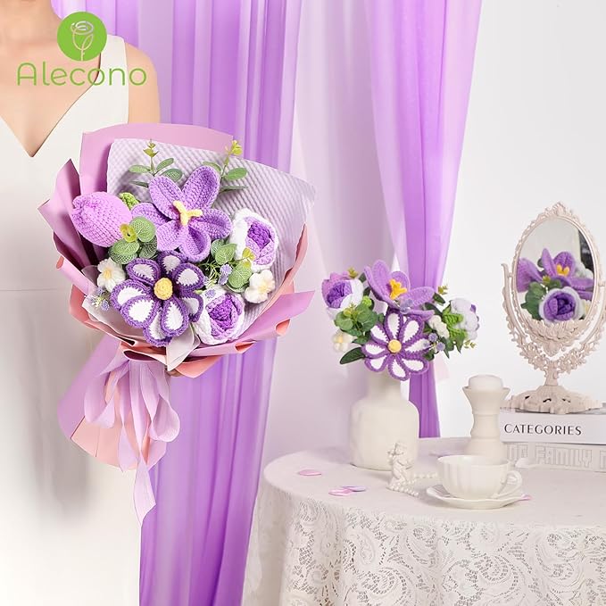 Alecono Crochet Flower Bouquet, Purple Knitted Flowers, Crochet Tulip Galsang Flower for Lover Anniversary Birthday Party Mother's Day Graduation Gifts (Include Card)