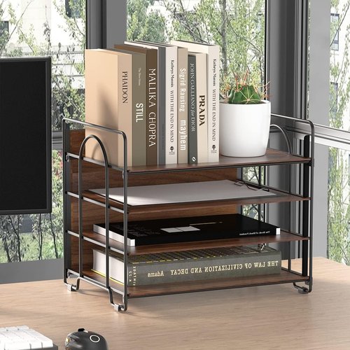 LUCYCAZ 4-Tier Paper Organizer - Stylish Wood & Metal Desk File Organizer for Home, Office, School | Black