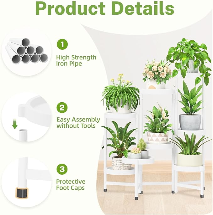 iDavosic.ly 8 Tier Folding Plant Stand Indoor Outdoor with Plastic Tray, Tiered Corner Flower Holder Shelf, Metal Orchid Display Rack for Patio Porch Living Room Garden Balcony, White