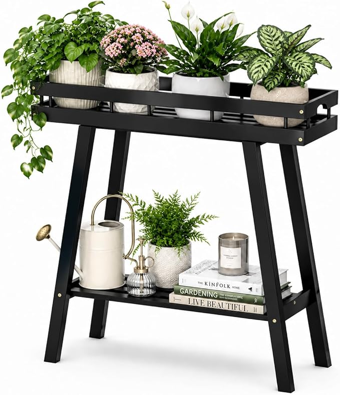 BAMBANG Bamboo Plant Stand Indoor, 2 Tier Small Plant Table, Tall Plant Stand for Indoor Plants, Window Sill Plant Shelf, Flower Pot Holder Plant Bench Plant Rack for Living Room, Black