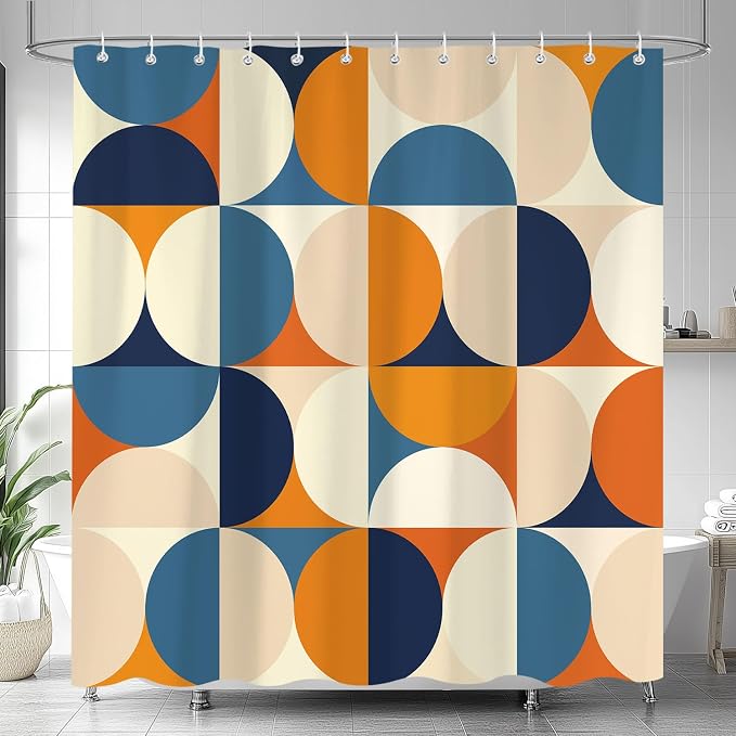 Mid Century Modern Shower Curtain, Colorful Boho Abstract Geometric Retro Art Shower Curtains for Bathroom, Colorful Unique Pattern Polyester Fabric Shower Curtain Set 12 Hooks 72X72IN