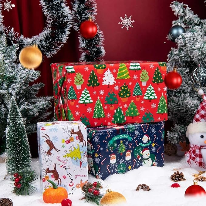 Linnoptimix Christmas Wrapping Paper Rolls -3 LARGE ROLL-27inch*78 inch per roll Colorful Foil Red White Blue wrapping paper(Christmas White/Red/Blue（005）)