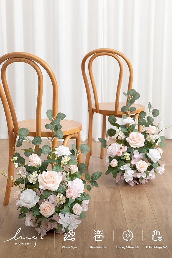 Ling's moment 17.5" Tall Free Standing Artificial Flowers Arrangements 2 pcs Wedding Aisle Runner Chair Decorations Blush & Cream Centerpieces for Ceremony Reception Rose Floral Floor Party Outdoor