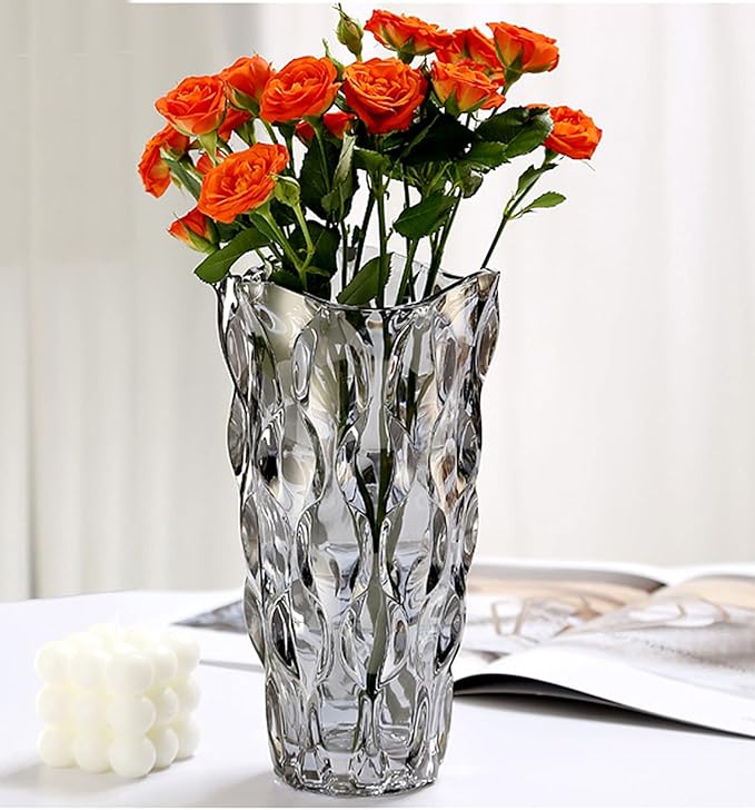 9.85" High Gray Glass Flower Vase for Home Decor, Dining Wedding Table Office Holiday Party Centerpiece Decoration