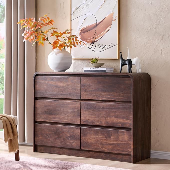 Modern 6 Drawers Dresser for Bedroom, 47" Wide Wood Dressers & Chests of Drawers w/Curved Profile Design, Mid Century Modern Dresser w/Natural Texture for Bedroom, Living Room, Brown
