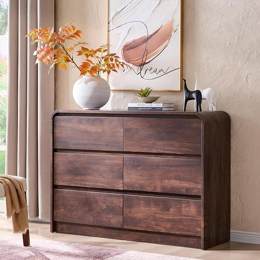 Modern 6 Drawers Dresser for Bedroom, 47" Wide Wood Dressers & Chests of Drawers w/Curved Profile Design, Mid Century Modern Dresser w/Natural Texture for Bedroom, Living Room, Brown