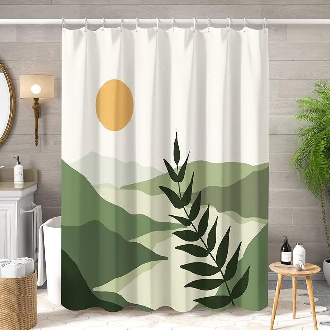 Boho Mid Century Shower Curtain Modern Abstract Sun Tropical Leaves Bathroom Curtain Set Neutral Minimalist Plant Waterproof Fabric Bath Decor with Hooks 48x72 inch