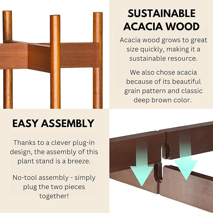 Fox & Fern Mid Century Tall Plant Stand — 10 Inch Fixed Size Raised Wooden Plant Stand for Indoor Planters (Not Included); Modern Flower Pot Holder with Plug In Design; Easy to Assemble - Acacia