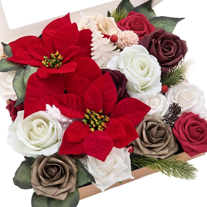 Ling's Moment Fake Flowers Box, Faux Artificial Greenery Stems Foam Roses Silk Leaves Fabic Flower for Centerpiece Bouquet Wedding Table Floral Vase Bridal Shower Party, Classic Christmas, Grand Combo