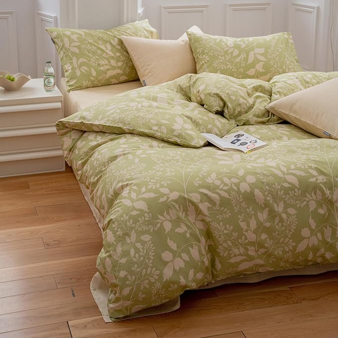 EAVD Garden Style Duvet Cover King Soft 100% Cotton Chic Shabby Botanical Pattern Print Sage Green Bedding Set with 2 Pillowcases Fresh Floral Comforter Cover Set