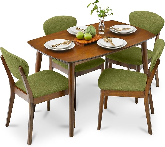Best Choice Products 5-Piece Dining Set, Compact Mid-Century Modern Table & Chair Set for Home, Apartment w/ 4 Chairs, Padded Seats & Backrests, Wooden Frame - Walnut/Olive Green