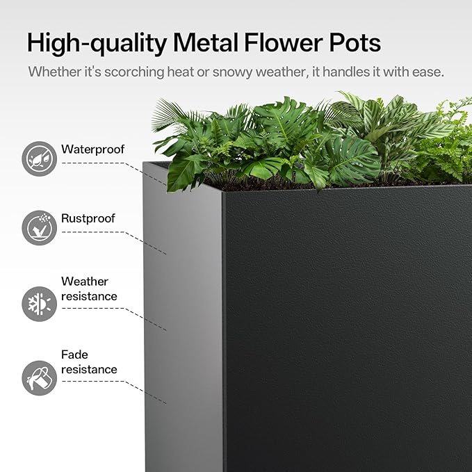 Metal Planter Box, 26" x 26"x 26", Heavy-Duty Galvanized Steel Outdoor Planter with Drainage Holes, Rectangular Planter for porches, Gardens, patios, and courtyards，Black