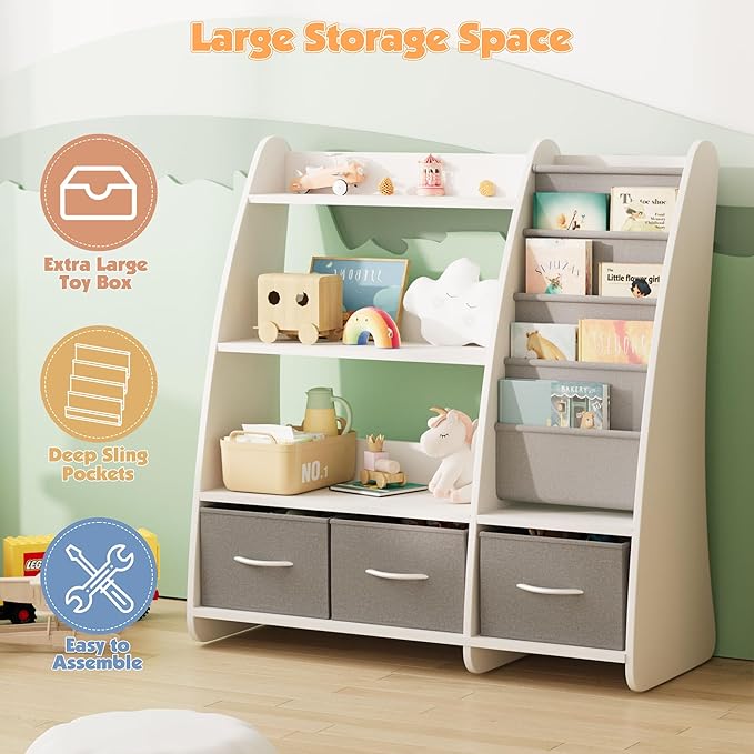 NACHES Kids Bookshelf and Toy Storage Organizer, Montessori Nursery Book Shelves with Sling Rack & Fabric Toy Bins, Toddler Baby Bookcase, Wooden Toy Shelf for Kids Room, Playroom, Sail-White