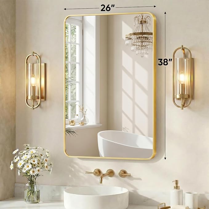 Sweetcrispy Bathroom Mirror for Over Sink, 26x38 Inch Wall Mount Mirror with a Rounded Rectangle and Matte Metal Frame, Modern Wall Vanity Mirrors for Home Decor, Living Room, Bedroom, Gold