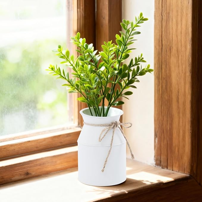 Flower Vase Decor, Farmhouse Metal Galvanized Milk Can Jug Vase with Bow, Flower Buckets for Artificial Flowers for Table Centerpiece Weddings(White)
