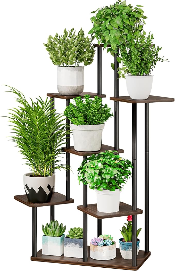AZERPIAN Plant Stand 7 Tier Indoor Metal Flower Shelf for Multiple Plants Corner Tall Flower Holders for Patio Garden Living Room Balcony Bedroom, Black Oak