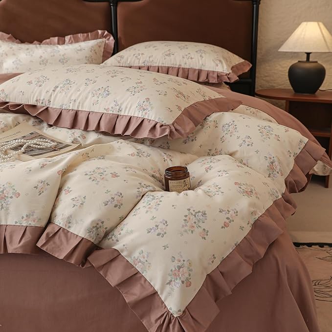 Ruffle Duvet Cover King 100% Cotton Vintage Floral Comforter Cover Aesthetic Rose Flower Duvet Cover Romantic Ruffle Comforter Cover Botanical Floral Bedding Lace Duvet Cover with 2 Pillowcases