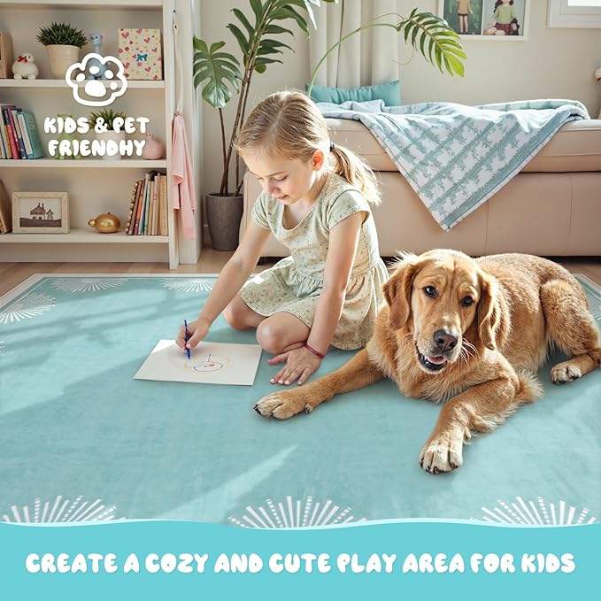 Hedlive Modern Bedroom Rug 8x10 Under Bed, Low Pile Washable Rugs for Living Room,Soft Sun Printed Large Rug,Aqua Dining Room Rugs for Under Table Classroom Dorm(8x10ft, Baby Blue)