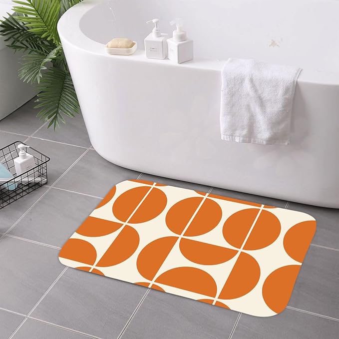 Orange Mid Century Modern Bath Mat, Boho Abstract Geometric Semicircle Retro Art Bath Rug for Bathroom, Colorful Unique Pattern Flannel Bath Mat Soft Non Slip Bath Rugs 29X17IN