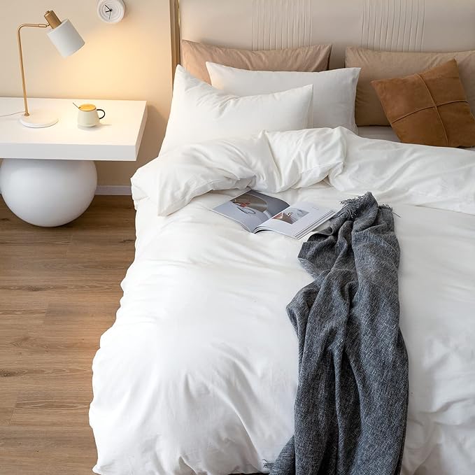 JIYUAN 100% Washed Cotton Duvet Cover Set 3 Pieces Full, 1 Duvet Cover 80x90 Inches(Comforter Not Included) and 2 Pillowcases,Linen Feel Bedding Set Comfy and Breathable,Off White