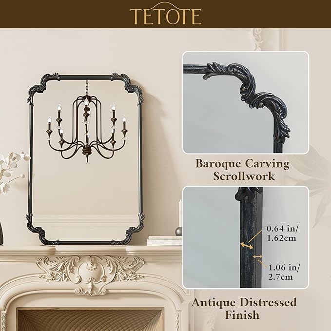 TETOTE Antique Black Rectangle Mirror for Mantle Fireplace 30 x 36 Baroque Vintage Ornate Scroll Wall Mirror with Metal Frame for Traditional Victorian French Decor, Horizontal/Vertical
