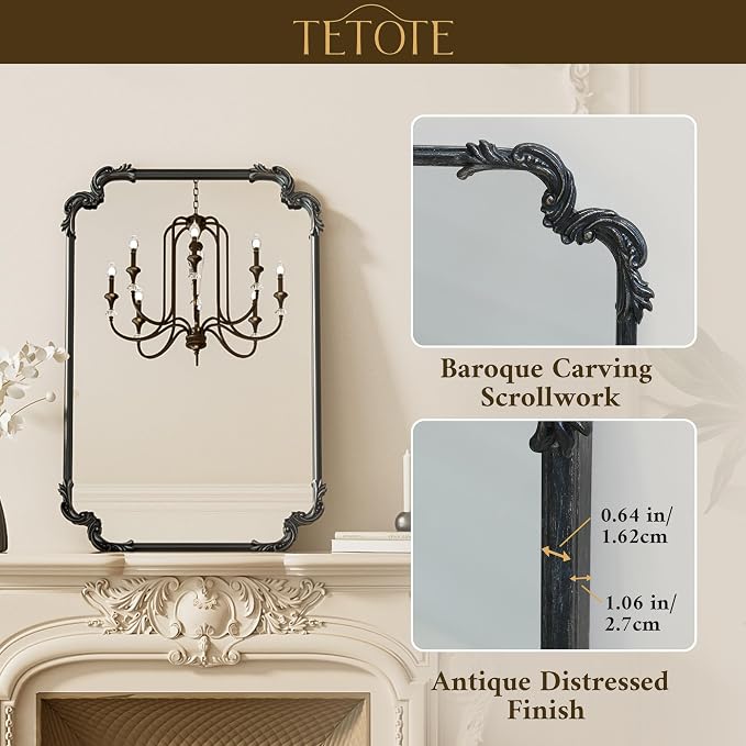 TETOTE Vintage Antique Black Rectangle Mirror for Mantle Fireplace 60 x 30 Traditional Baroque Ornate Scroll Wall Mirror with Metal Frame for Living Room Bedroom, Horizontal/Vertical