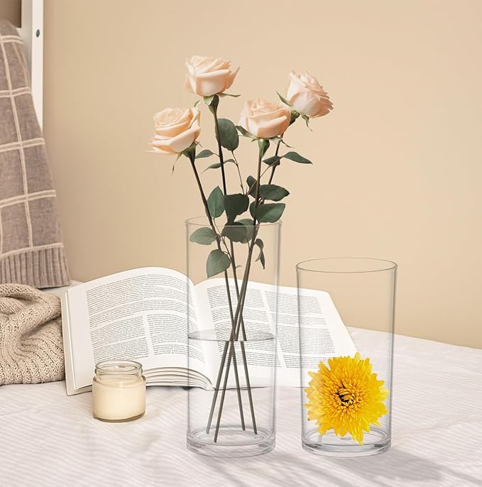 KLIFA- Carlsbad- Set of 8 Pieces, 6 & 7 Inch Tall, Plastic Cylinder Vases for Centerpieces, Acrylic Flower Vase for Wedding Centerpieces, Home Decorations, Clear