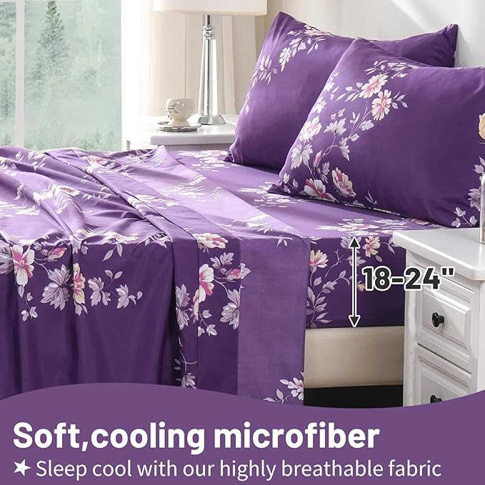 Bedlifes Queen Size Extra Deep Pocket Sheet Sets - Fits Mattresses Up to 18-24" Thick, 4-Piece Microfiber Set with 1800 Thread Count, Soft, Smooth, Breathable, Featuring Dark Purple Floral