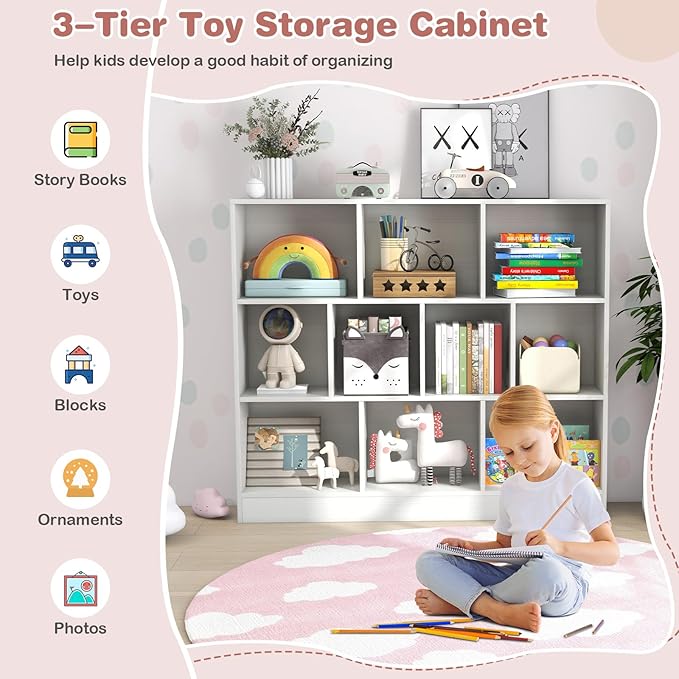 HONEY JOY Kids Toy Storage Organizer, 10-Section Wooden Floor Storage Cabinet, 41” Daycare Toy Chest, 3-Tier Kids Display Bookshelf for Classroom, Playroom & Nursery, Kindergarten (White)