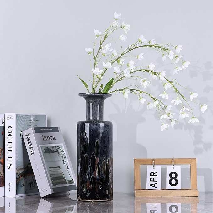 Hand-Blown Glass vase, Modern Art Glass Cylindrical vase, Gray Glass Decorative vase, Ideal for Living Room Dining Table centerpieces, TV Console, Office, or Console Table Accents.