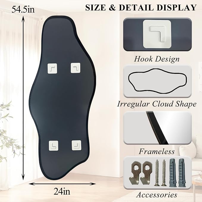 Irregular Wall Mirror, 60"x24" Asymmetrical Tempered Glass Mirror, Large Frameless Organic Shape Mirrors for Entryway Hallway Bedroom Living Room, Horizontal or Vertical Hanging