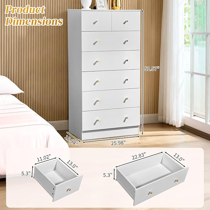 Karl home White 7 Drawer Dresser for Bedroom, Tall Dresser Chest of Drawers, Rustic Wood Bedroom Dressers Clothes Organizer, Anti-Tipping Device, Rose Gold Metal Handle, Living Room, Entryway, Office