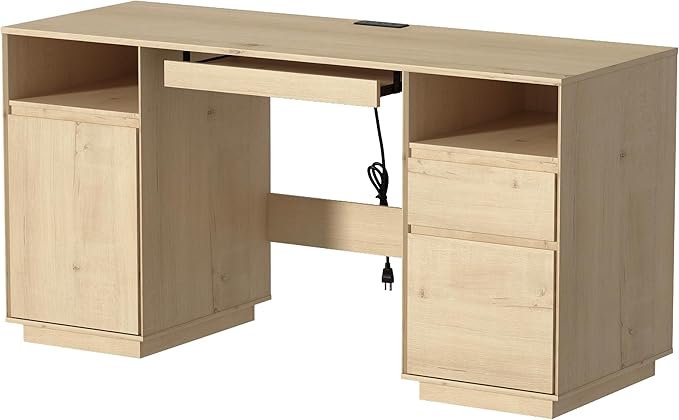 59" Farmhouse Office Desk, Wide Home Executive Desk with File Drawer & Open Storage & Power Outlet, Wooden Computer Desk for Study Writing, Light Oak