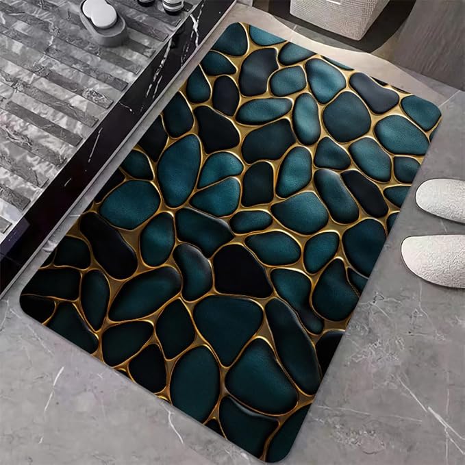 Diatomaceous Earth Bath Mat,Blue and Gold Stones Non-Slip Volume Super Absorbent Fast Drying for Bathroom Kitchen mat,Eco-Friendly Easy to Clean 16×24Inch (40 * 60cm)