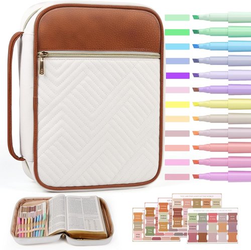 BellaHold Quilted Vegan Leather Bible Cover - Stylish Color-Blocked Case for Women | Large Size (White & Brown)