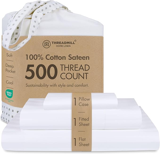 Threadmill 500 Thread Count Twin-XL Size Damask Stripe, 3 Pc Luxury Cotton Bed Sheet Set, Breathable Hotel White Sheets with 15" Elasticized Deep Pocket, 1 Pillowcase & Free Tote Bag