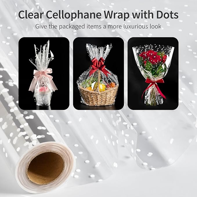 Jutieuo Clear Cellophane Wrap Roll | 100’Ft. Long X 34”In. Wide | 2.5 Mil Thick Crystal Clear with Irregular White Dot | Bouquet, Baskets, Gifts, Crafts, Treats, Wrapping (34" Fold into 17")