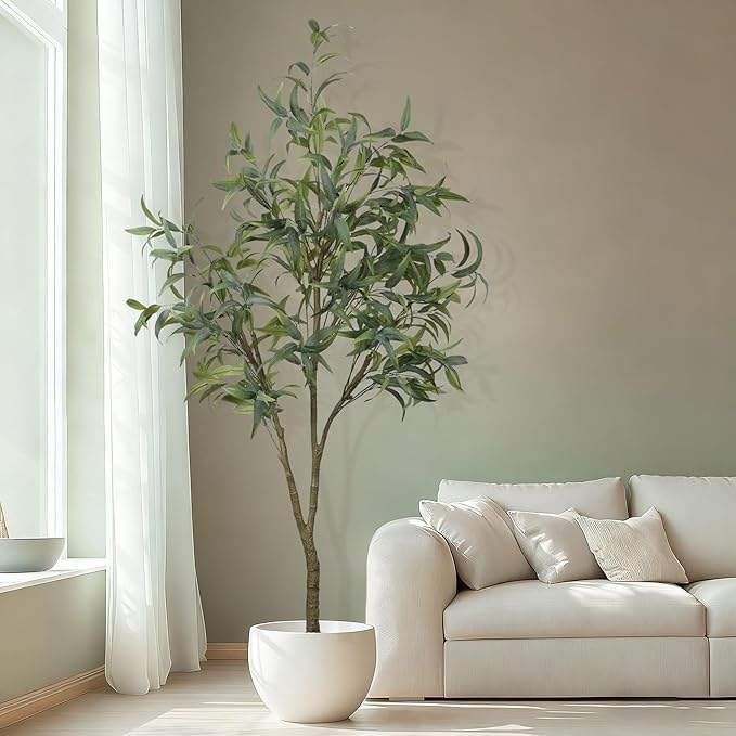 6.73ft Artificial Eucalyptus Tree, Faux Tree with Lifelike Leaves, Fake Eucalyptus Tree with Sturdy Plastic Pot, Artificial Plants for Office Home Living Room Indoor Outdoor Decor