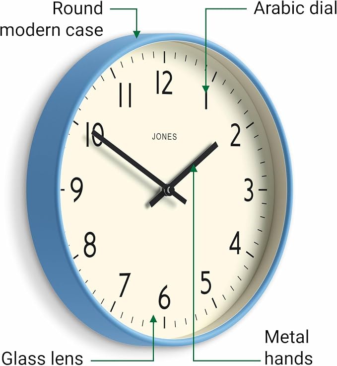 JONES CLOCKS® Studio wall Clock | Modern Round Style | 12 inch | Mid Blue | Easy to Read Numbers | Versatile Design for Kitchen, Living Room or Office