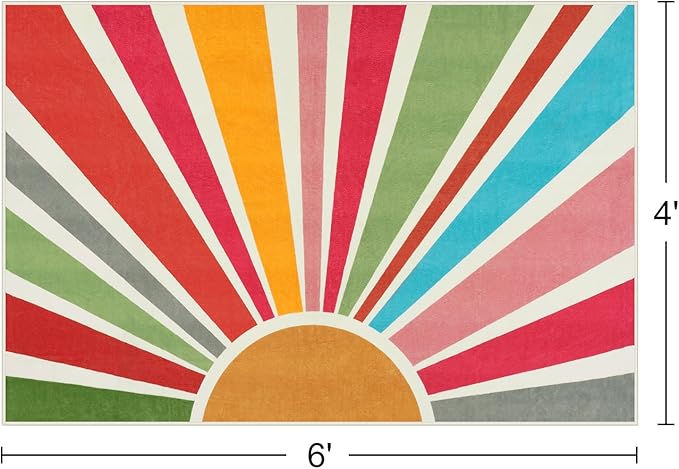 STARUIA Boho Washable Rug 4'x6' Kids Area Rug for Playroom, Non-Slip Kids Rug for Bedroom, Rainbow Modern Sun Carpet Soft Throw Sunshine Rugs for Office Nursery Entryway Dorm