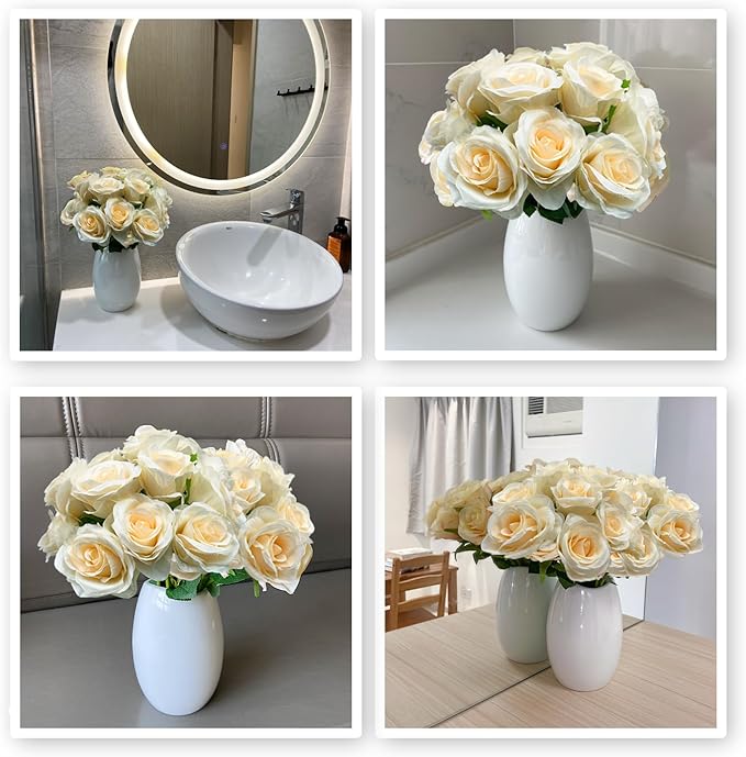 12 PCS Rose Artificial Silk Flowers, Fake Roses with Long Stems Realistic Faux Rose Flower Bouquets for Home Wedding Decoration Party-Champagne