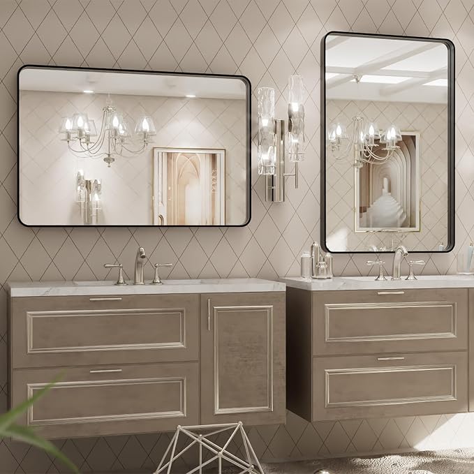 LOAAO 24X30 Inch Black Metal Framed Bathroom Mirror for Wall, Matte Black Bathroom Vanity Mirror Farmhouse, Large Rounded Rectangle Mirror, Anti-Rust, Hangs Horizontally or Vertically